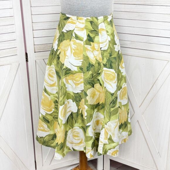 Premise Floral Roses Linen Blend A Line Flare Midi Skirt Lime Green Yellow 4 - Picture 1 of 13